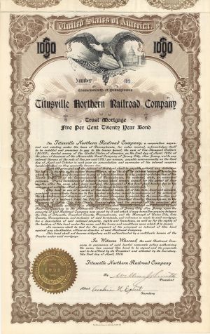 Titusville Northern Railroad Co. - 1909 dated $1,000 Bond