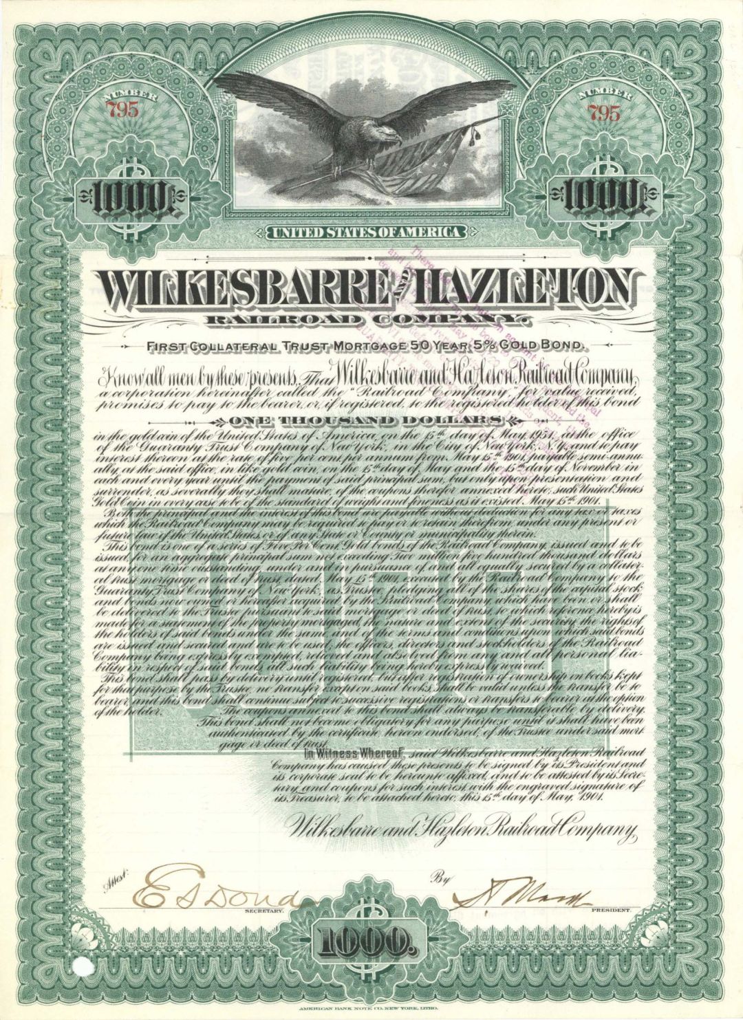 Wilkesbarre and Hazleton Railroad Co. - 1904 dated $1,000 Bond
