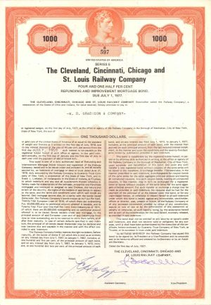 Cleveland, Cincinnati, Chicago and St. Louis Railway Co. - 1927 dated $1,000 Bond