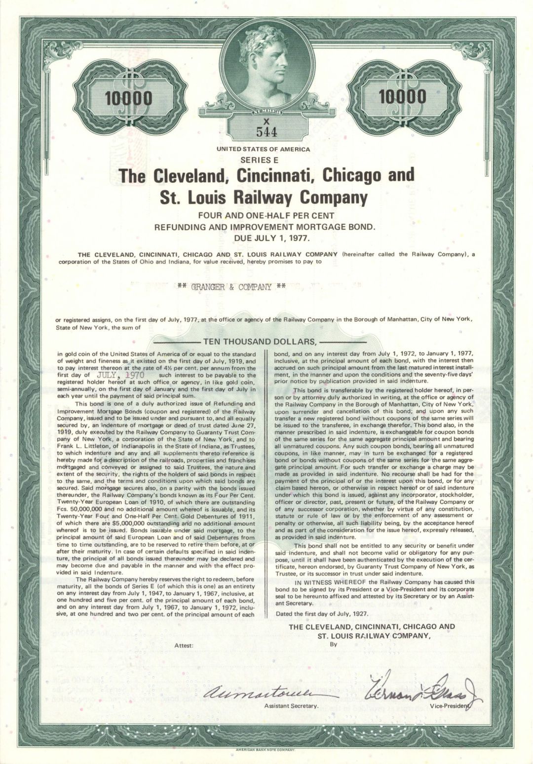 Cleveland, Cincinnati, Chicago and St. Louis Railway Co. - 1927 dated $10,000 Bond