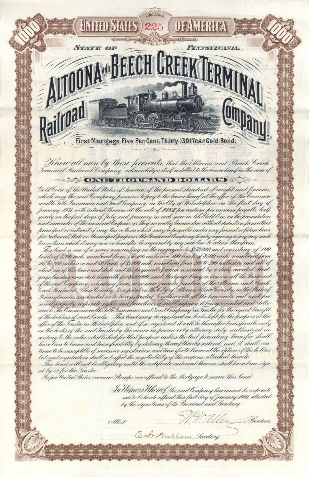 Altoona and Beech Creek Terminal Railroad Co. - 1901 dated Stock Certificate