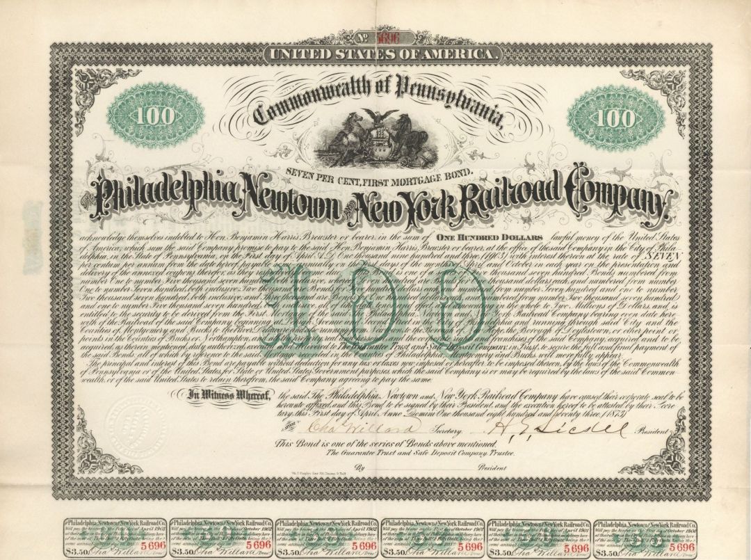 Philadelphia, Newtown and New York Railroad Co. - 1873 dated $100 Bond