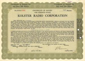 Kolster Radio Corporation - 1929-31 dated Radio Stock Certificate
