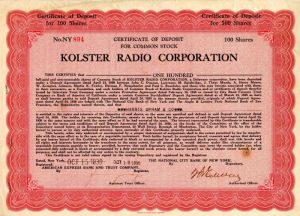 Kolster Radio Corporation - Stock Certificate