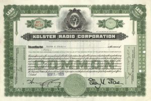 Kolster Radio Corp. - 1920's-30's dated Stock Certificate