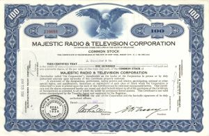 Majestic Radio and Television Corporation - 1946-1948 dated Entertainment Stock Certificate