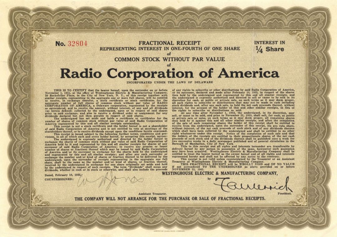 Radio Corporation of America - RCA - 1935 dated Radio Stock Certificate - Famous Company