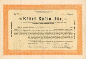 Raven Radio, Inc. - Stock Certificate