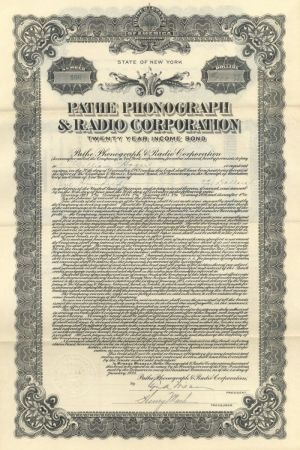 Pathe Phonograph and Radio Corporation - Bond (Uncanceled)