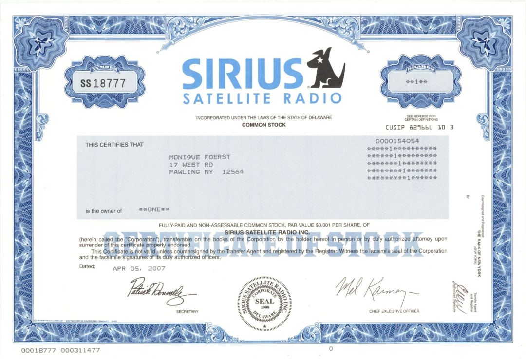 Sirius Satellite Radio - 2007 dated Stock Certificate