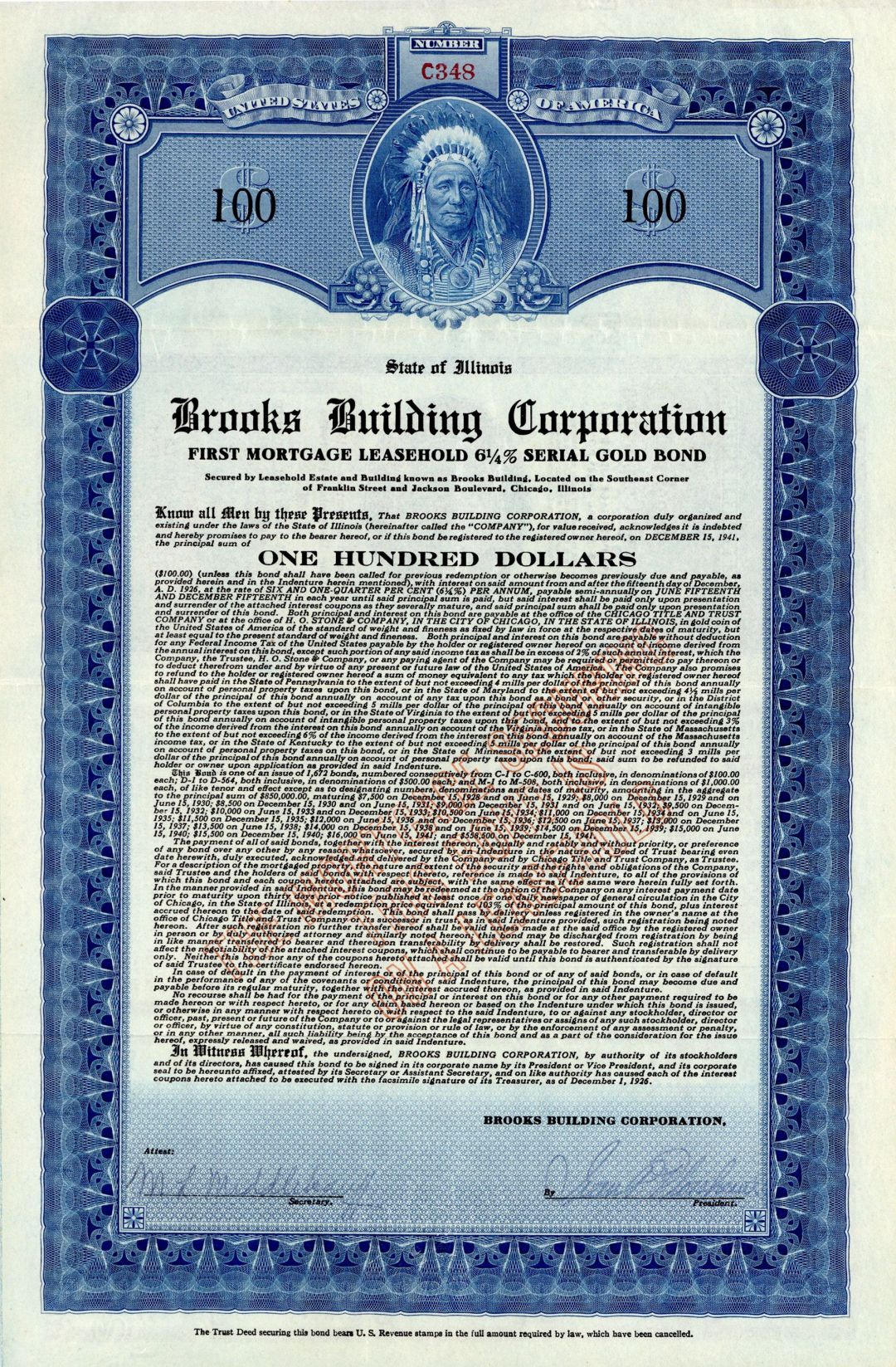 Brooks Building Corporation - $100 Bond