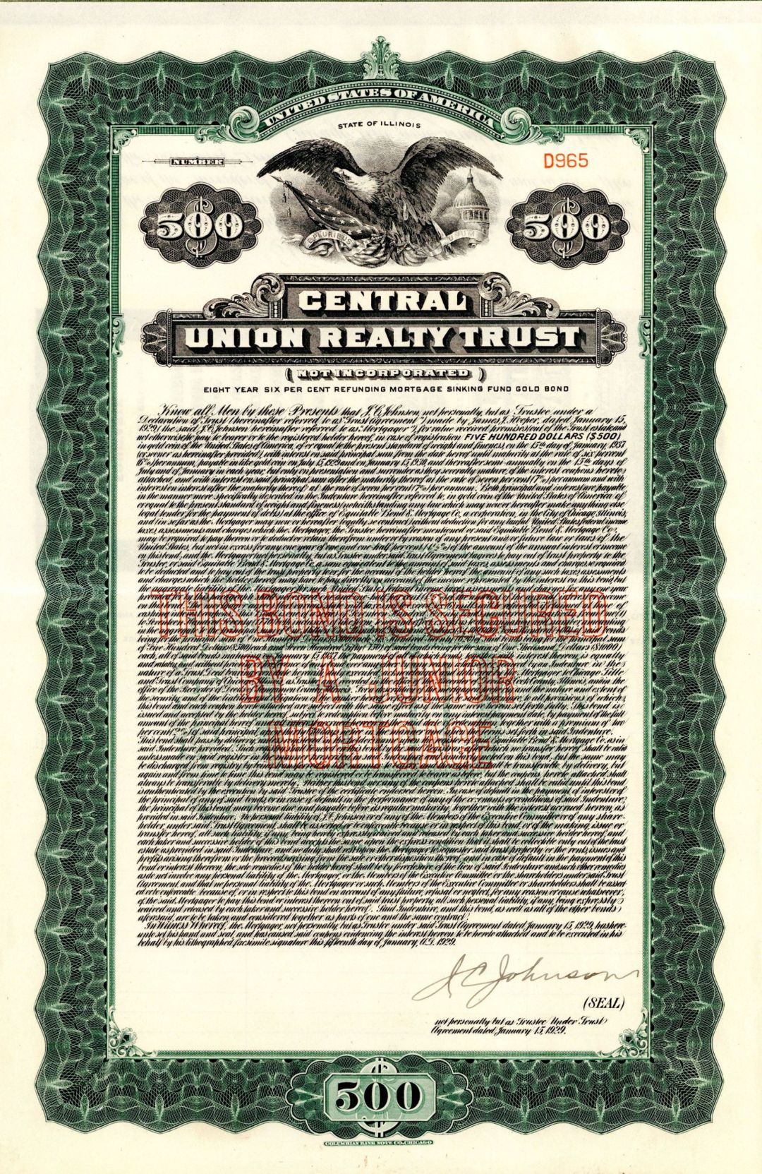 Central Union Realty Trust - 1929 dated $500 Bond