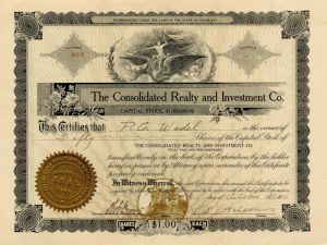 Consolidated Realty and Investment Co. - Stock Certificate