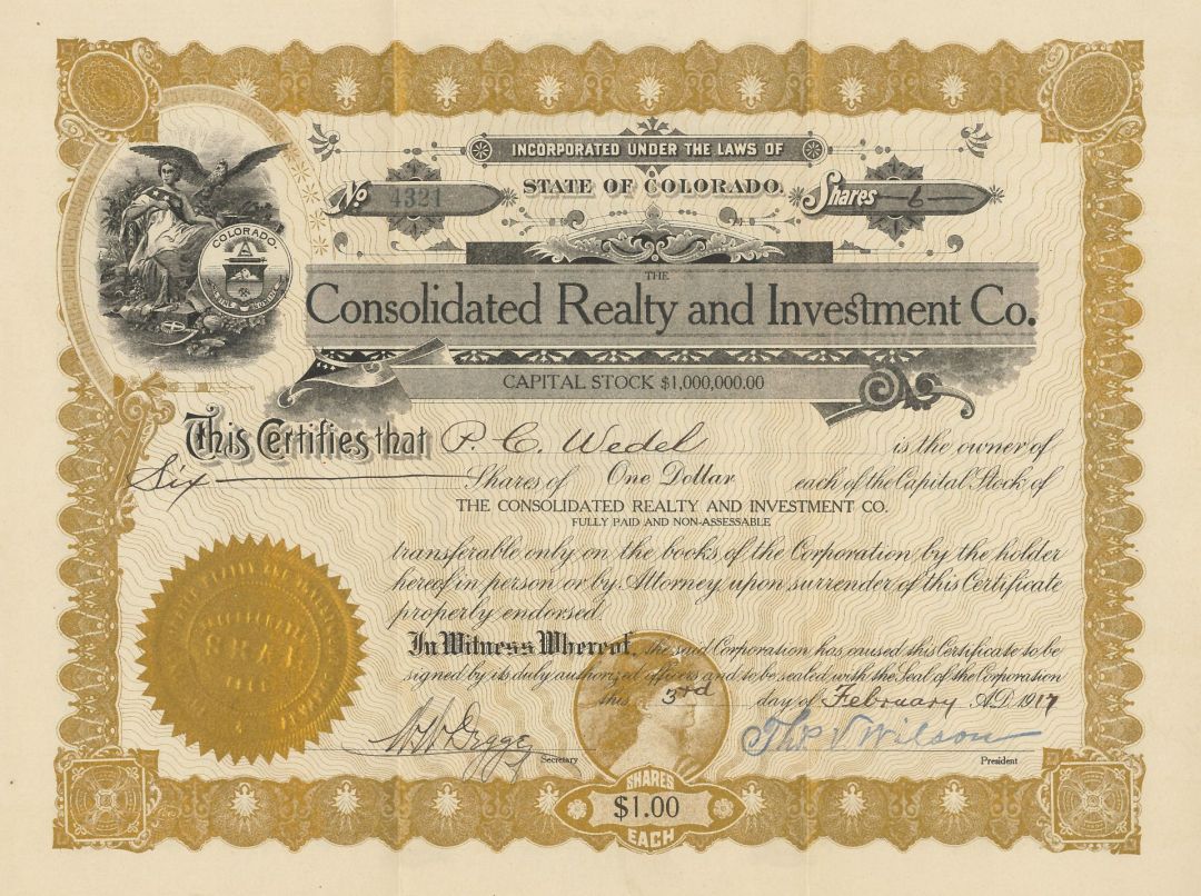 Consolidated Realty and Investment Co. - 1910-1917 dated Real Estate Stock Certificate