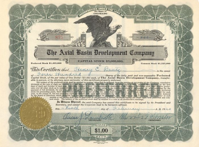 Axial Basin Development Co. - Stock Certificate