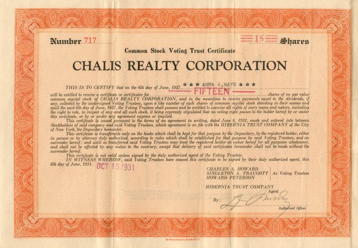 Chalis Realty Corporation - Stock Certificate