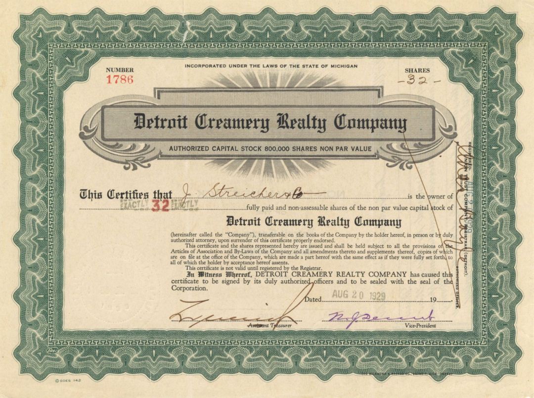 Detroit Creamery Realty Co. - 1929 dated Michigan Realty Stock Certificate