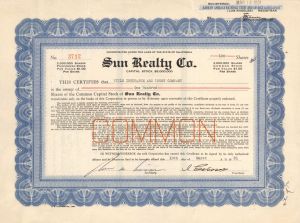 Sun Realty Co. - 1931 dated Stock Certificate