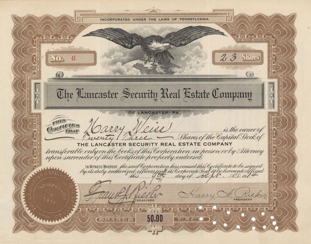 Lancaster Security Real Estate Co. - 1914 dated Stock Certificate