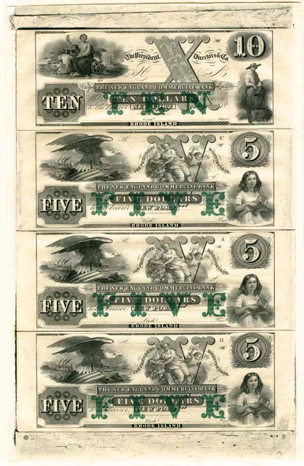 The New England Commercial Bank Uncut Obsolete Sheet - Broken Bank Notes