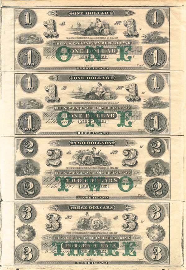 New England Commercial Bank Uncut Obsolete Sheet - Broken Bank Notes
