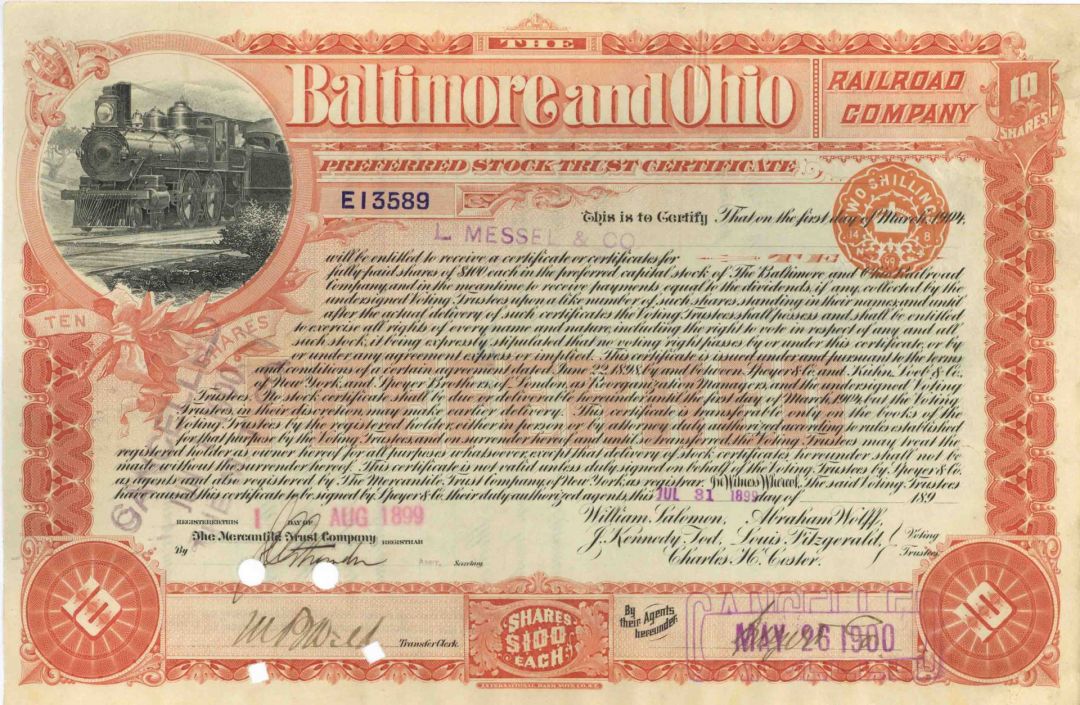 Baltimore and Ohio Railroad Co. - Monopoly Game Board Railroad - 1899-1901 dated Railway Stock Certificate