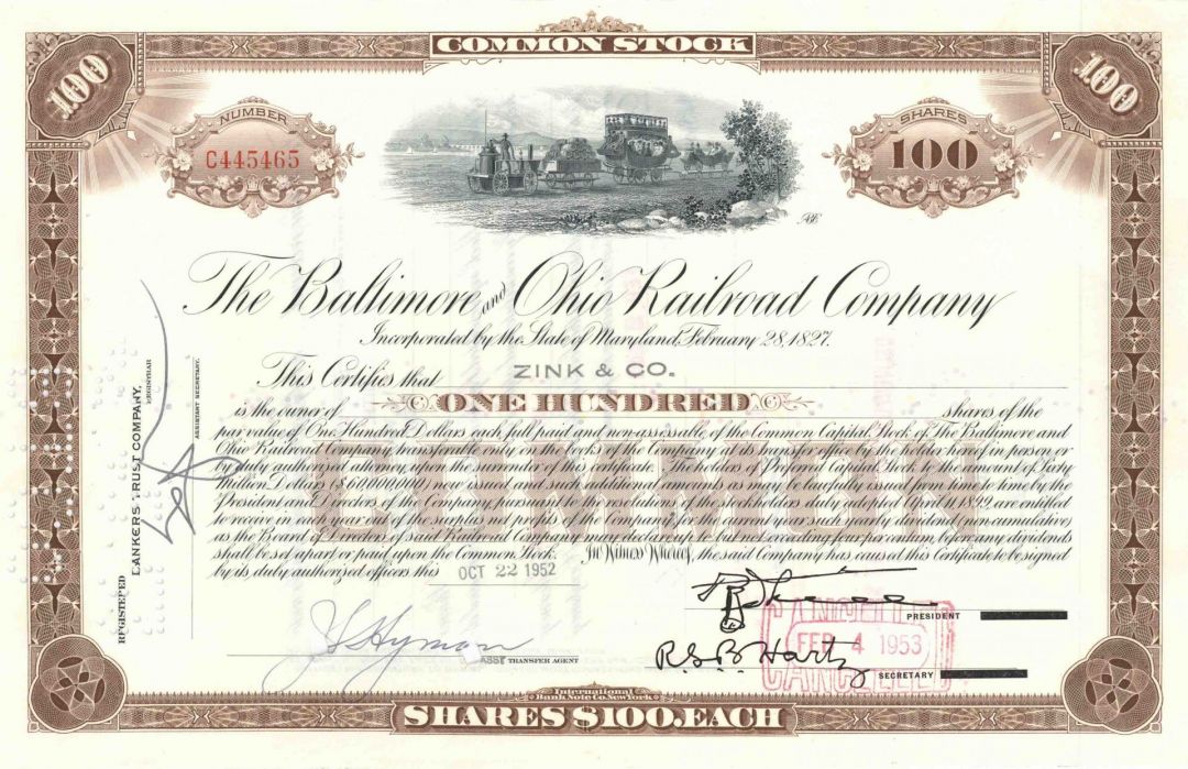 Baltimore and Ohio Railroad - 1940's-60's dated Railway Stock Certificate - Monopoly Game Railroad