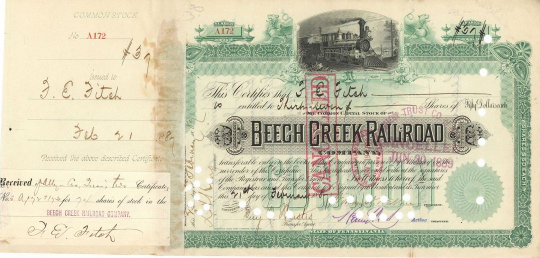 Beech Creek Railroad Co. - 1880's dated New York Railway Stock Certificate