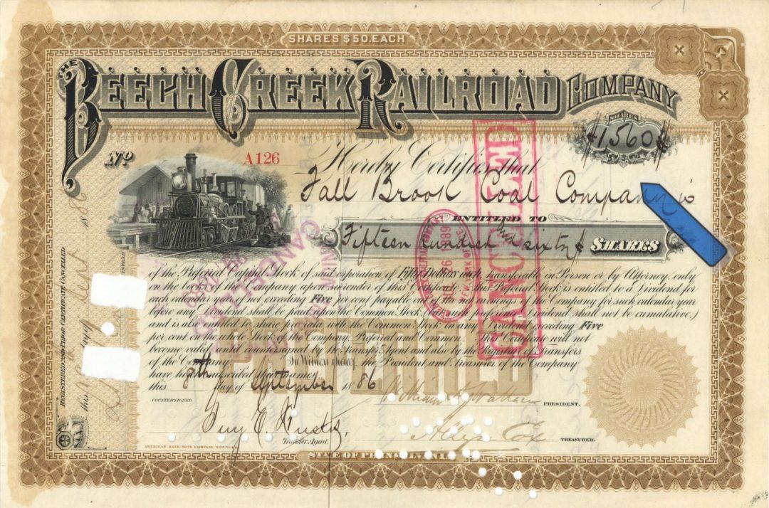 Beech Creek Railroad Co. - 1,560 Shares! - 1886 dated Railway Stock Certificate