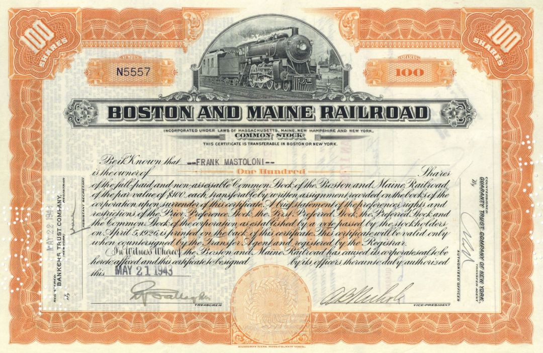 Boston and Maine Railroad Co. - 1930's-50's dated Railway Stock Certificate - Through Maine Massachusetts New Hampshire New York Vermont