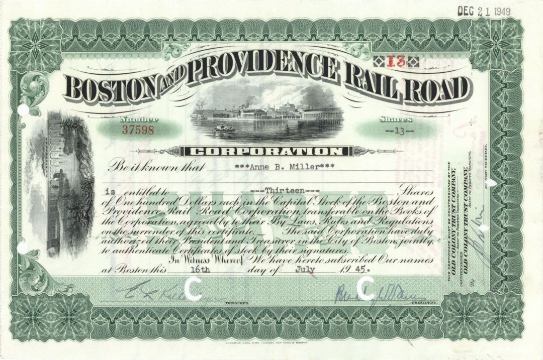 Boston and Providence Railroad Corp. - Stock Certificate