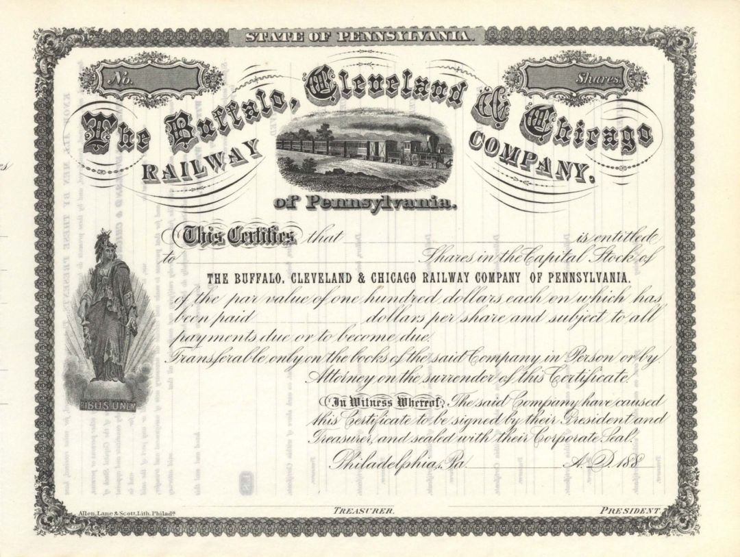 Buffalo, Cleveland and Chicago Railway Co. of Pennsylvania - circa 1880's Unissued Railroad Stock Certificate