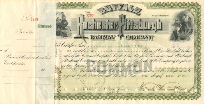 Buffalo, Rochester and Pittsburgh Railway Co. - Issued to Roosevelt and Son - Stock Certificate