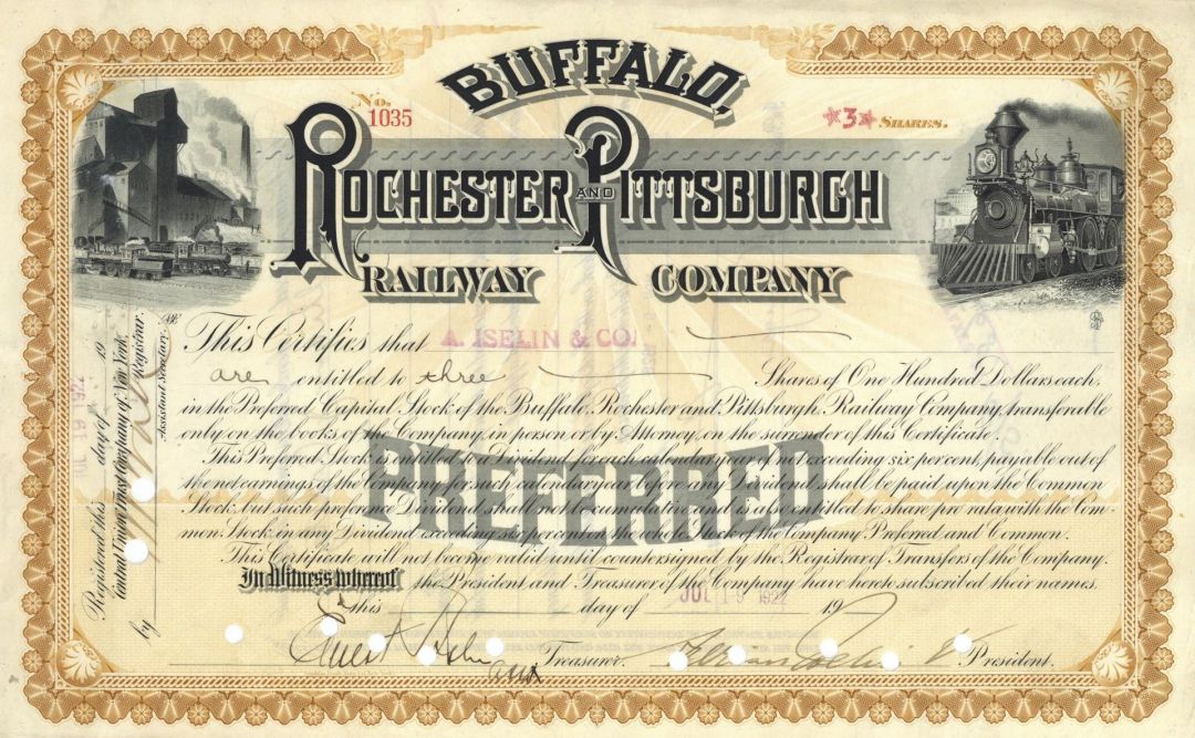 Buffalo, Rochester and Pittsburgh Railroad Co. - Railway Stock Certificate