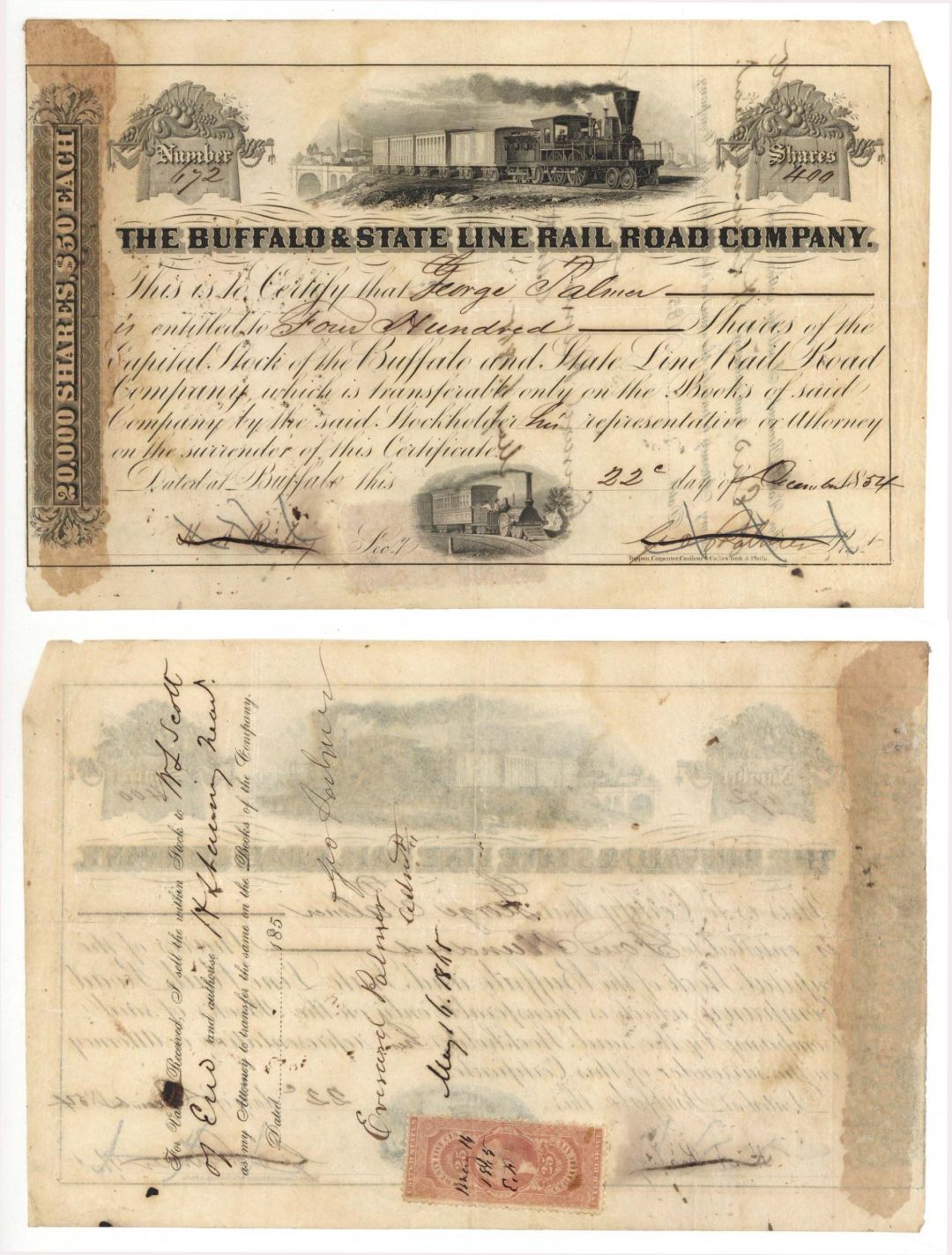 Buffalo and State Line Railroad Co. - 1854-1863 dated with revenue stamps Stock Certificate