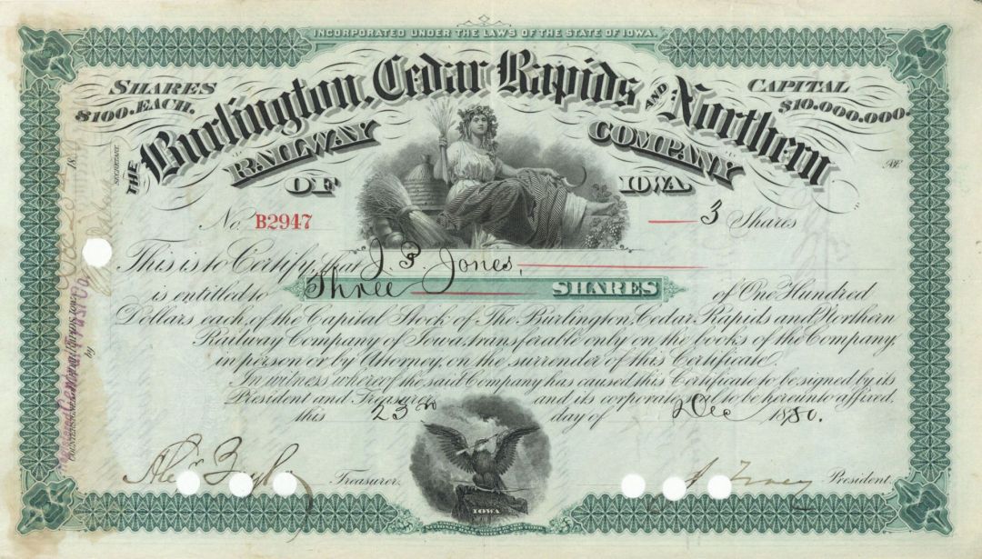 Burlington, Cedar Rapids and Northern Railway Company of Iowa - Stock Certificate