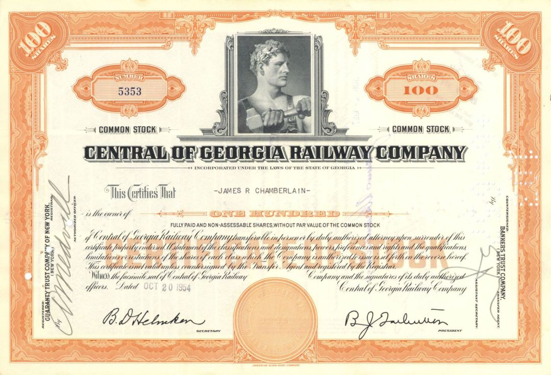 Central of Georgia Railway Co. - 1950's dated Georgia Railroad Stock Certificate