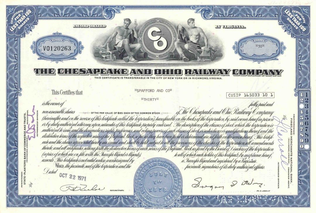 Chesapeake and Ohio Railway Co. - 1960's-70's dated Railroad Stock Certificate - District of Columbia, Illinois, Indiana, Kentucky, Michigan, New York, Ohio, Ontario, Pennsylvania, Virginia, West Virginia and Wisconsin