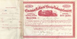 Cincinnati, Lafayette and Chicago Railroad Co. - 1870's-1900's dated Railway Stock Certificate - Beautiful Red Design
