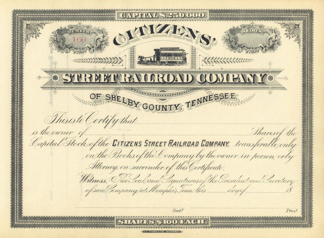 Citizens Street Railroad Co. - Unissued Railway Stock Certificate