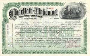 Clearfield and Mahoning Railway Co. - 1930's-50's dated Railroad Stock Certificate