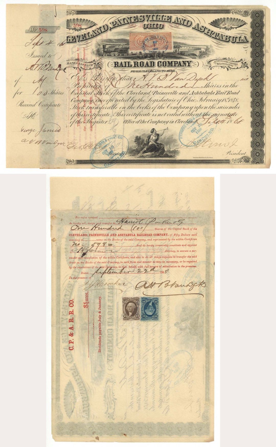Cleveland, Painesville and Ashtabula Rail Road Co. - 1868 dated Railway Stock Certificate with Revenue Stamps