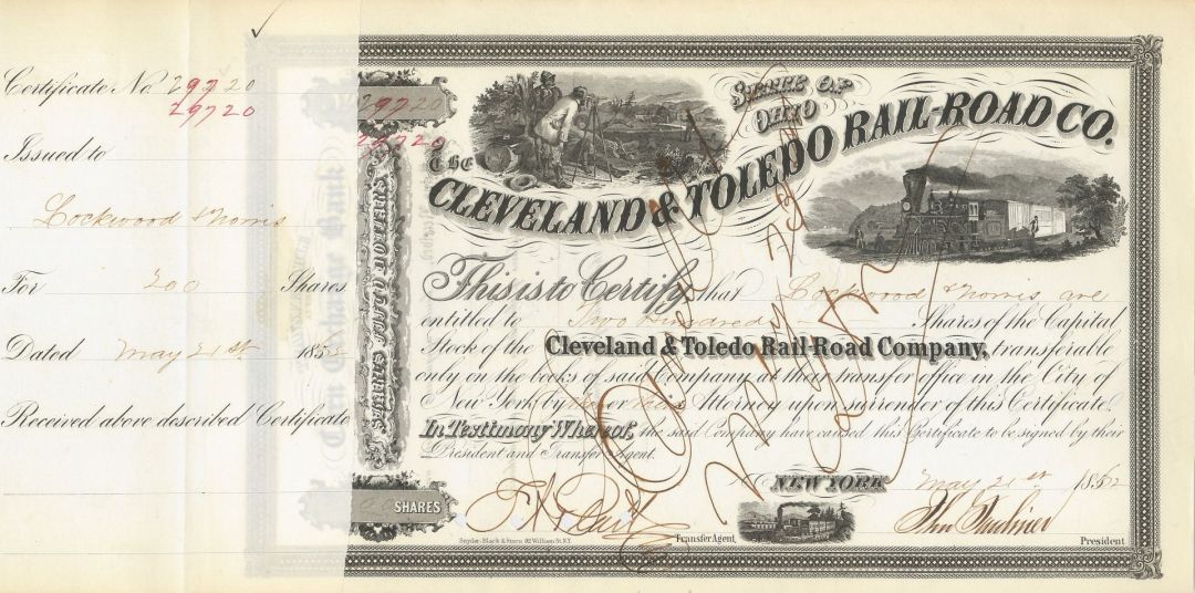 Cleveland and Toledo Railroad Co. - 1850's-60's dated Ohio Railway Stock Certificate