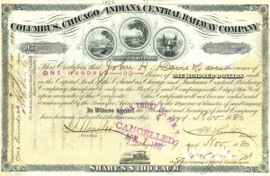 Columbus, Chicago and Indiana Central Railway - dated 1870's-80's Railroad Stock Certificate