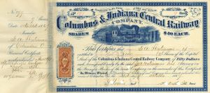 Columbus and Indiana Central Railway - Railroad Stock Certificate - Gorgeous