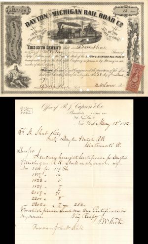 Dayton and Michigan Railroad Co. and Letter - 1871 and 1872 dated Railway Stock Certificate