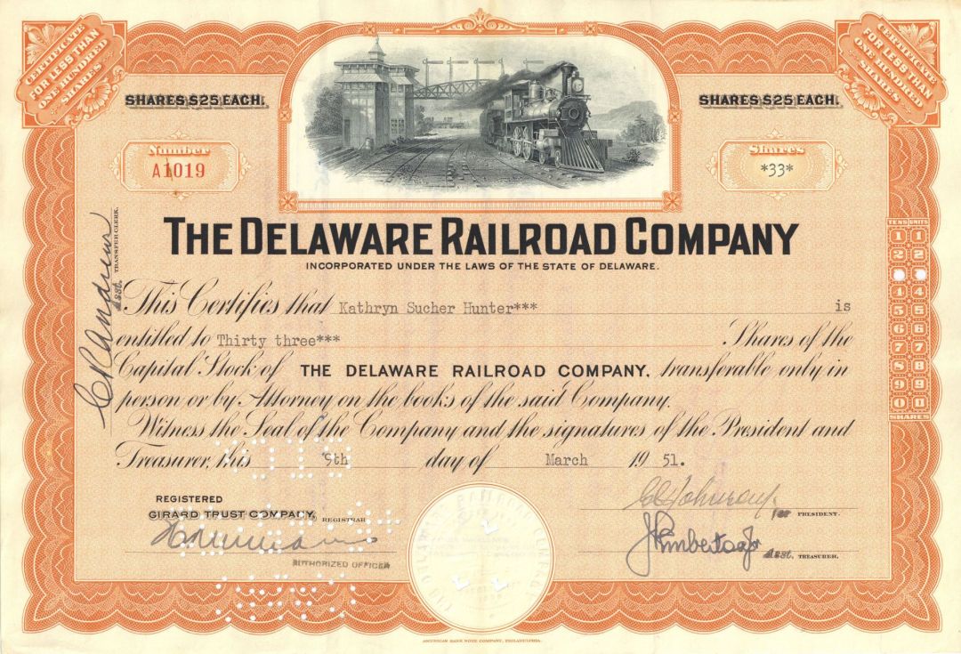 Delaware Railroad Co. - 1940's-60's dated Railway Stock Certificate