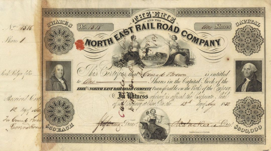 Erie and North East Railroad Co. - 1850's-60's dated Railway Stock Certificate - Part of the Lake Shore and Michigan Southern Railway