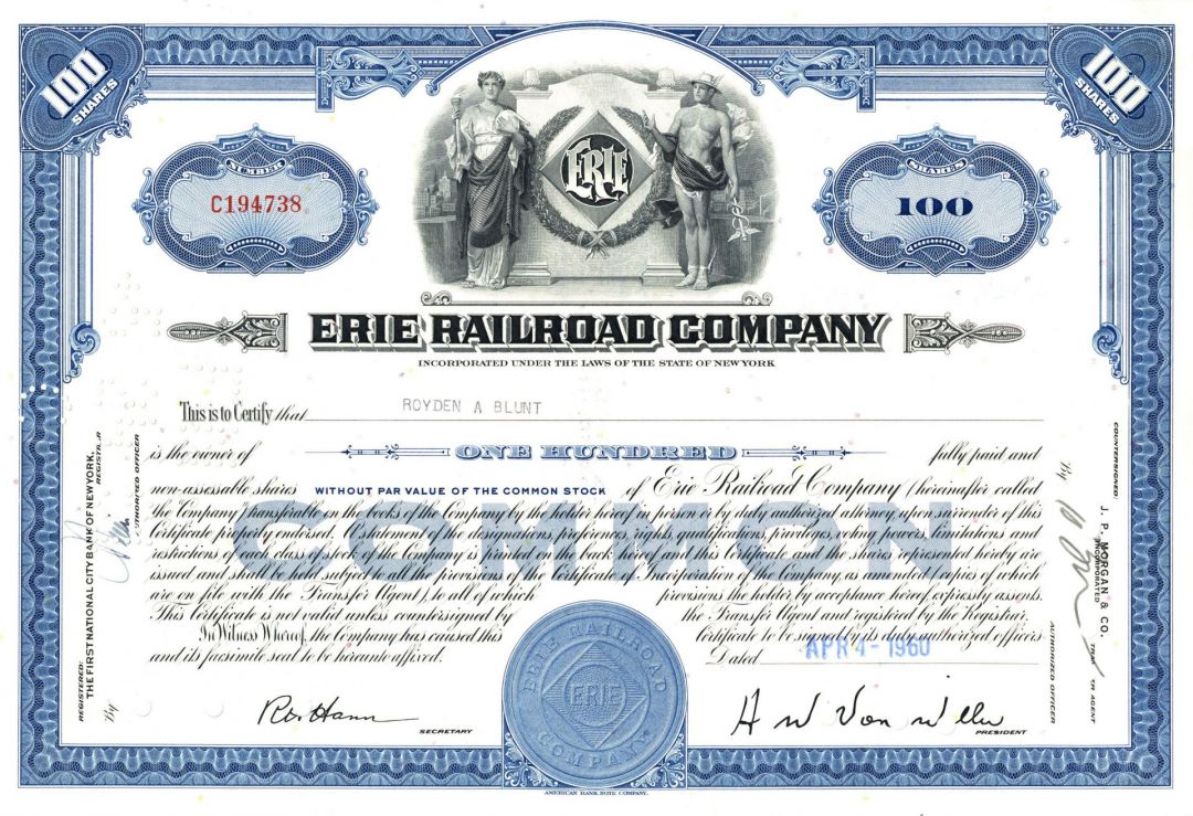 Erie Railroad - dated 1950's-60's Railway Stock Certificate - Awesome Railroad History - New York & Many Other States