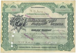 Federal Street and Pleasant Valley Passenger Railway - dated 1890's Pennsylvania Electric Railroad Stock Certificate